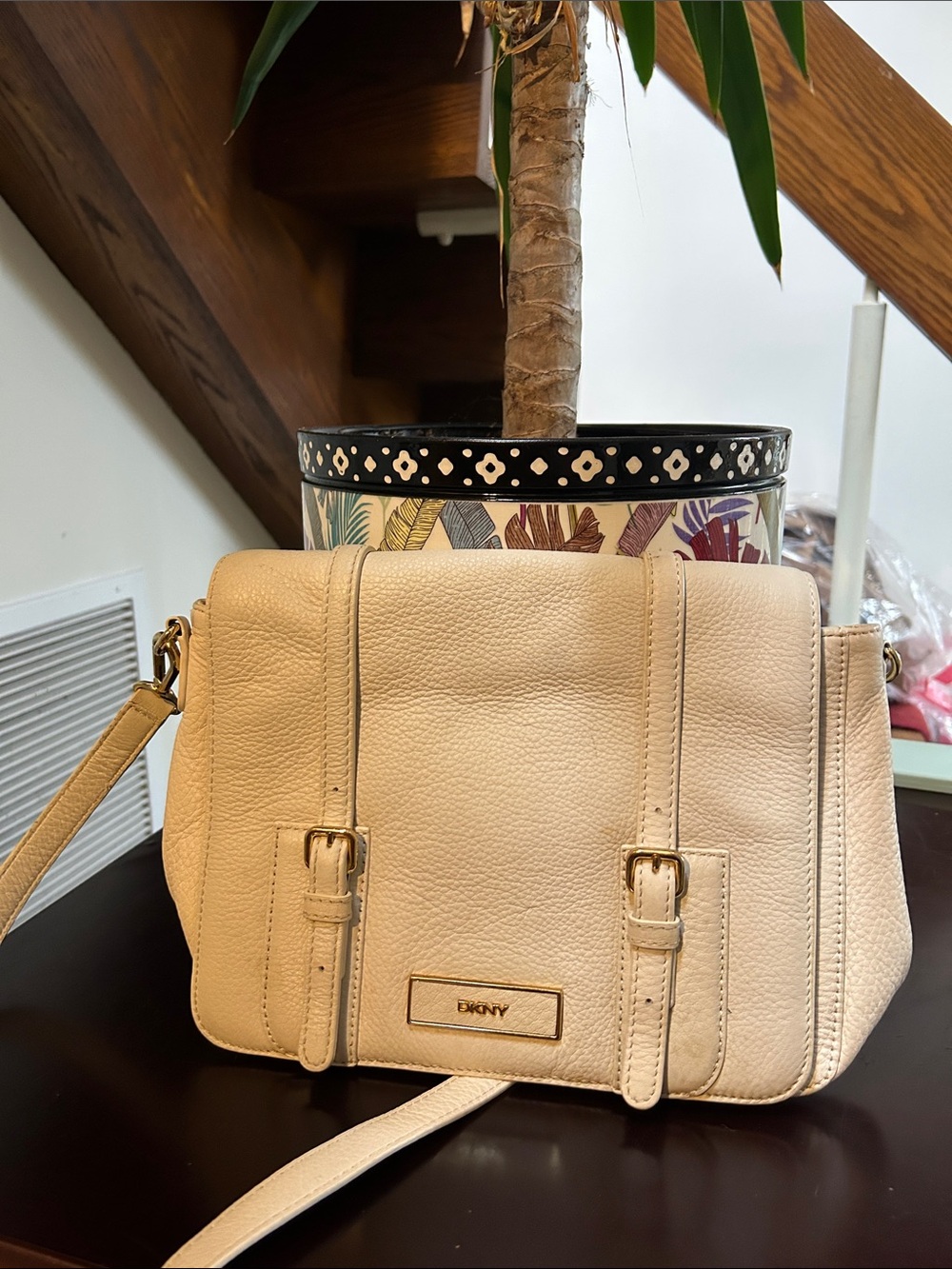 DKNY Cream Pebbled Leather Crossbody with Gold Hardware